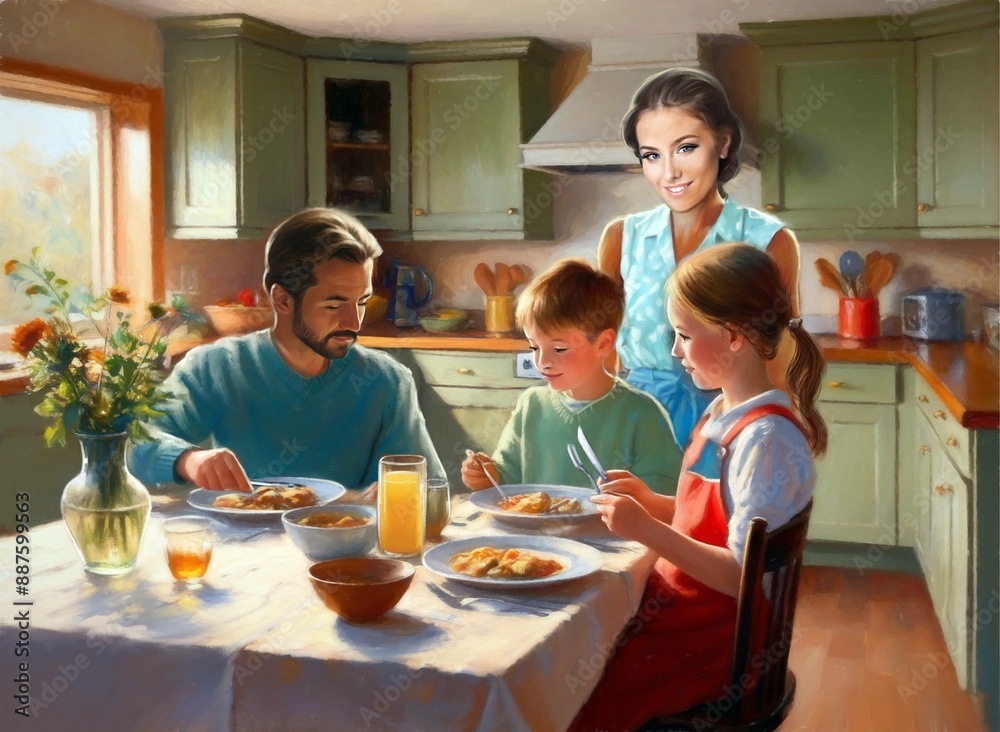 The family is having breakfast in the kitchen. A wonderful illustration of a father, mother, son and daughter at breakfast and lunch. Oil paintings landscape, fine art, family having dinner together The family is having breakfast in the kitchen. A wonderful illustration of a father, mother, son and daughter at breakfast and lunch. Oil paintings landscape, fine art, family having dinner together
