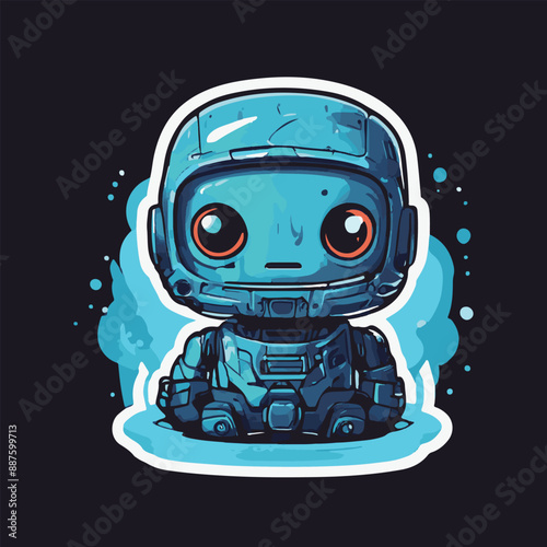 Sticker of a blue robot is sitting on a blue background. The robot is wearing a helmet and has a blue suit