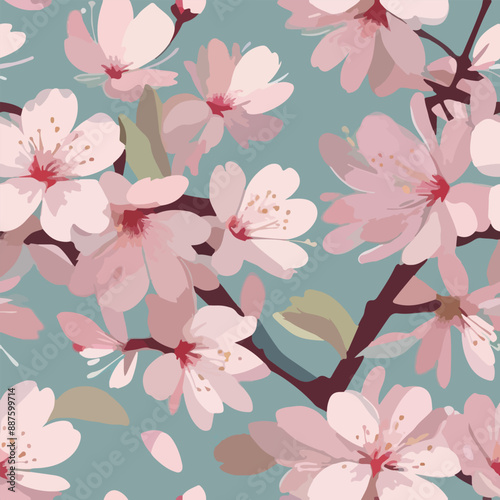 cherry blossom seamless pattern. A painting of pink flowers with a blue background. The flowers are arranged in a way that creates a sense of movement and flow. The overall mood of the painting is ser