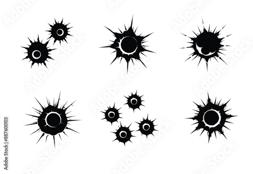 Black white icon set bullet holes, warning caution hazard risk