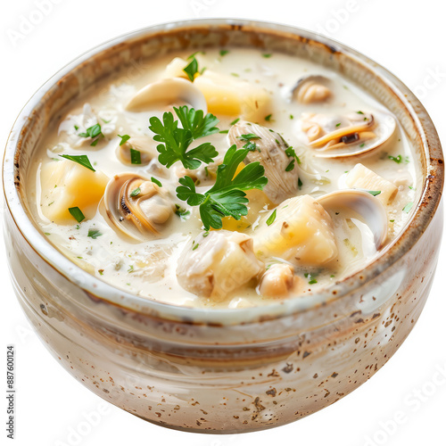 A bowl of clam chowder with pieces of clam and pot 2