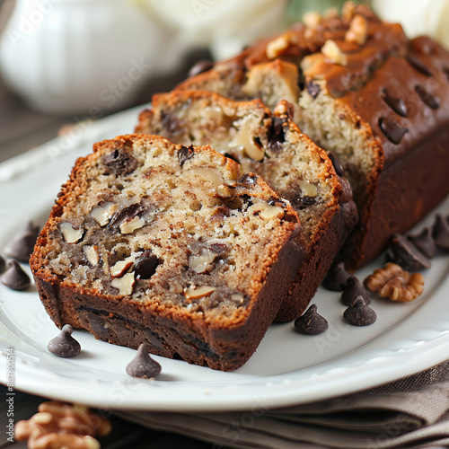 A warm banana bread with walnuts and chocolate chi 29  baking, baking cup, cake, color, cuisine, cupcake, dessert, food, furniture, high-key, on1 keyword ai, paper, table, wall, white, giga