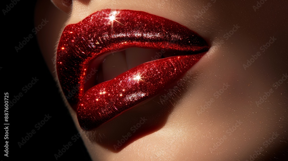 Obraz premium A close-up of a woman's lips coated in glossy, shimmering lipstick, reflecting the light and creating a luscious, alluring shine that enhances her beauty and style.