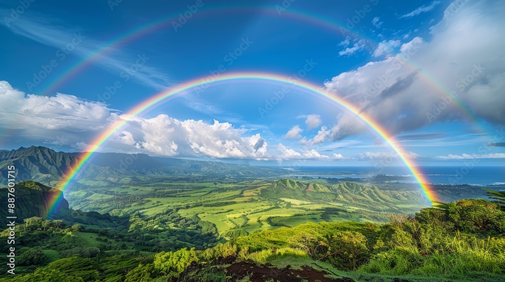 A high-definition photograph of a rainbow over a lush, green landscape, with the colors of the rainbow appearing intensely rich and saturated against the vivid blue sky, creating a A high-definition photograph of a rainbow over a lush, green landscape, with the colors of the rainbow appearing intensely rich and saturated against the vivid blue sky, creating a