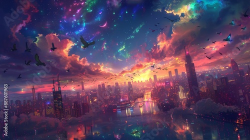 A magical, otherworldly cityscape at night, with buildings illuminated by a rainbow of lights and fantastical creatures soaring through the sky on colorful wings.