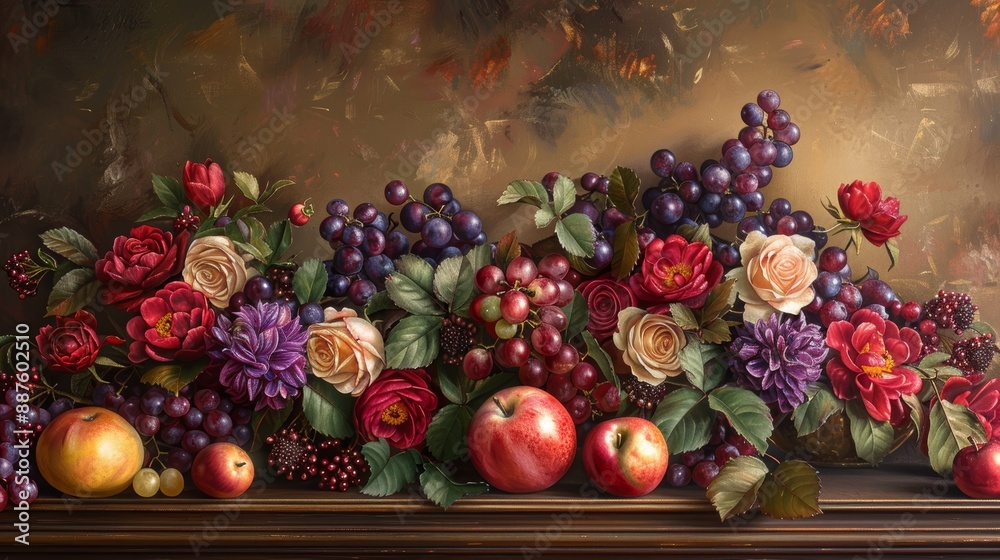 Fototapeta premium A still life composition of fruits and flowers, painted in rich, deep tones of red, purple, and gold, showcasing the beauty and richness of pigmented artwork.