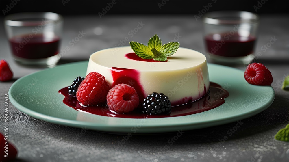 Generated photorealistic image of panna cotta with blackberry, raspberry and mint. Generated photorealistic image of panna cotta with blackberry, raspberry and mint.