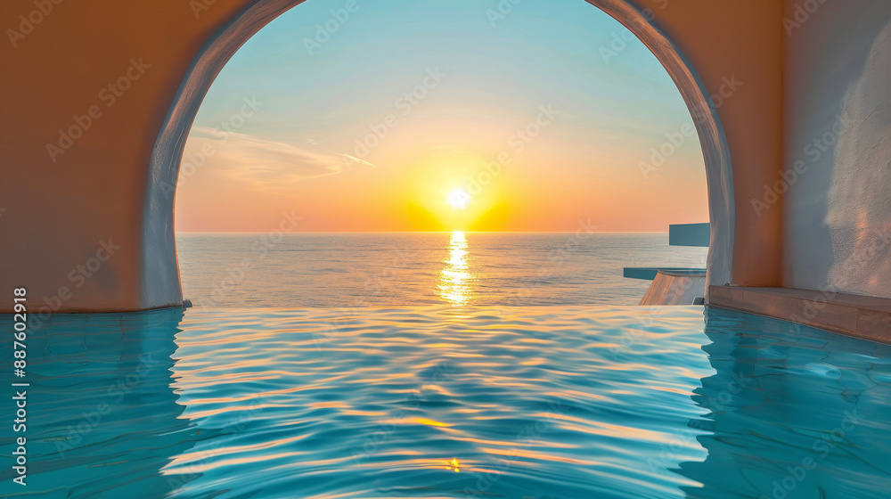 Fototapeta premium Sunset: The sky painted with warm hues of orange, pink, and purple, casting a soft glow over the scene. The sun is partially below the horizon, creating a dramatic and peaceful ambiance.