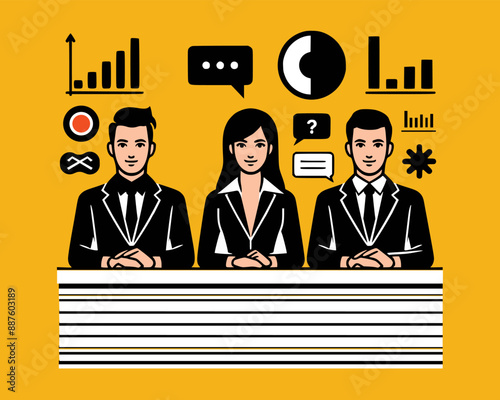 People illustration reception desk businessman man and woman front. group of people in the office. group of people.