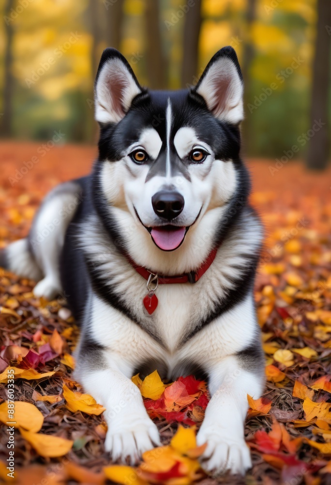 Huskey lying peacefully on a bed of vibrant autumn leaves in a dense woodland with golden and red foliage surrounding it