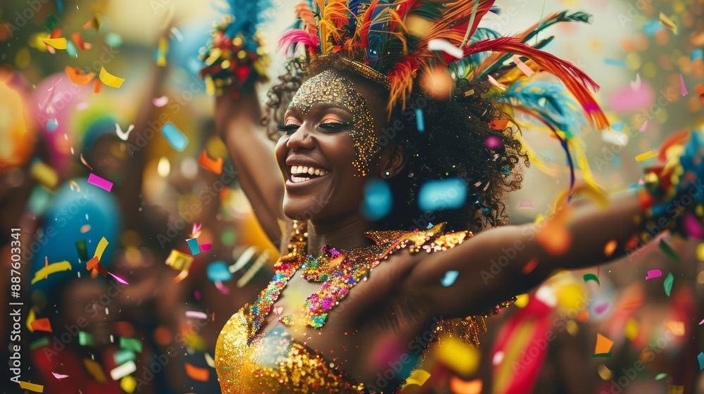 Fototapeta premium An artistic shot of a dancer in mid-air, wearing a bright and colorful costume, with confetti and streamers swirling around them, capturing the dynamic energy and festive spirit of
