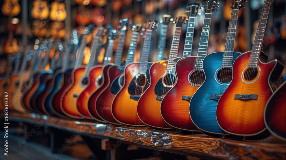 Naklejka premium Group Of Guitars, Diverse And Colorful, High Quality Background