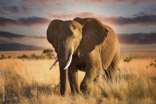 Elephant. A herd of wild elephants walk through the savanna. African elephant (Loxodonta africana) bull walking on savanna, looking at camera. Close up of an elephant head.
