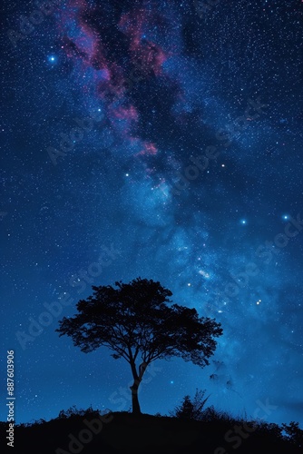 Lone Tree Silhouette Under Starry Night Sky with Milky Way Galaxy, Capturing the Beauty of the Universe and Nature's Serenity, Perfect for Astronomy Enthusiasts and Nature Lovers