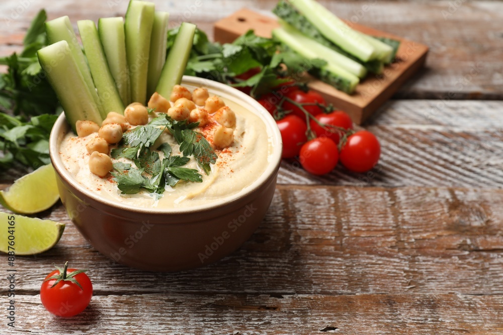 Tasty hummus with chickpeas in bowl and fresh products on wooden table, closeup. Space for text Tasty hummus with chickpeas in bowl and fresh products on wooden table, closeup. Space for text