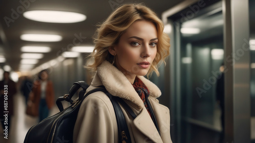 Elegant Traveling Woman in Beige Coat and Scarf with Backpack Walking in Urban Underground Passage photo