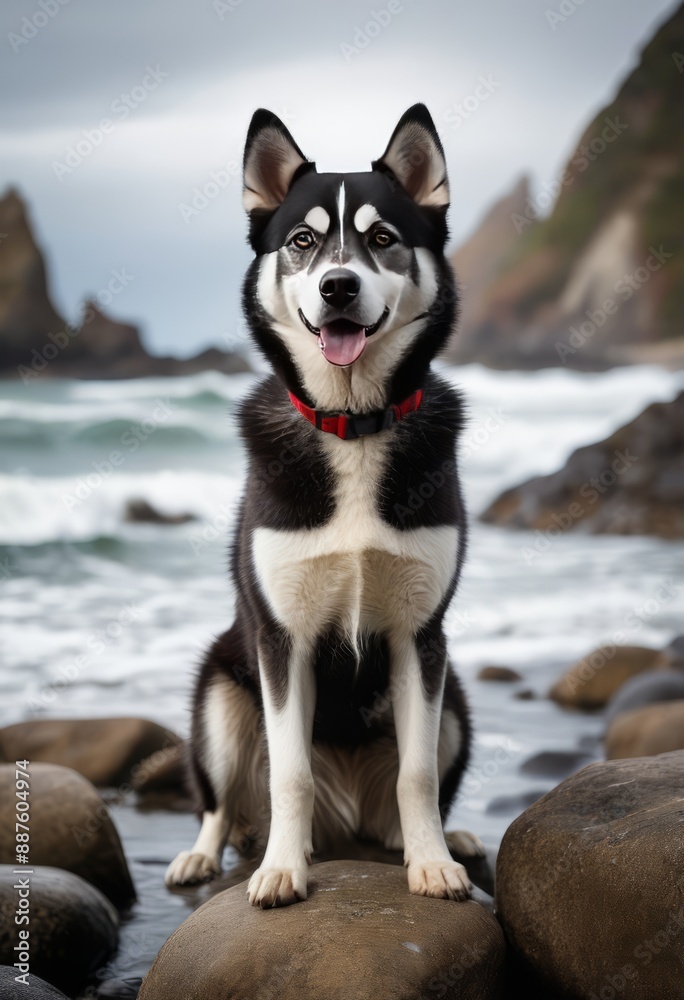 Huskey standing on a rocky beach with crashing waves towering sea stacks and a dramatic coastal landscape in the background Huskey standing on a rocky beach with crashing waves towering sea stacks and a dramatic coastal landscape in the background