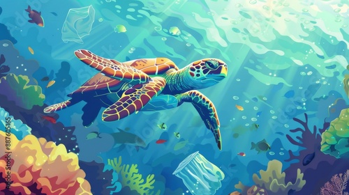 Plastic pollution in ocean environmental problem. Turtles can eat plastic bags mistaking them for jellyfish