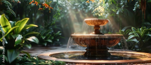 Serene Garden Fountain in Lush Greenery with Sunlight Rays Shining Through the Leaves in the Morning