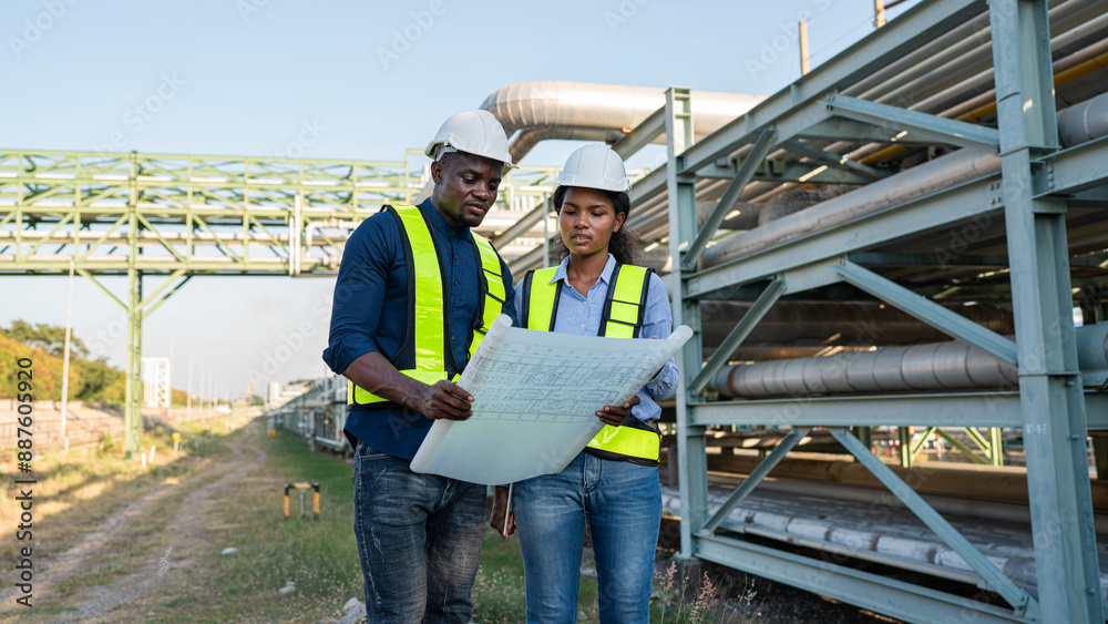 Young mechanical engineer holding blueprint drawing to checking and inspection gas pipeline system new construction project of industrial. Young mechanical engineer holding blueprint drawing to checking and inspection gas pipeline system new construction project of industrial.