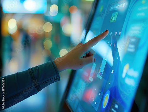 Woman Using a Touchscreen Kiosk in a Modern Setting