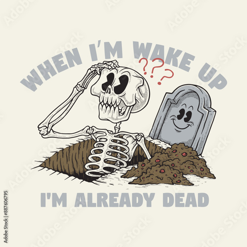 retro cartoon emblem of skeleton wakes up from grave