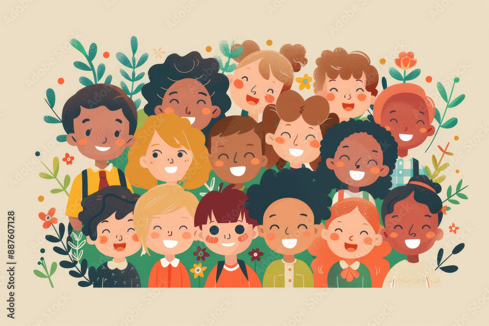 Portrait of a cute happy primary school students class. Illustration of multiracial group of classmates friends looking to camera Portrait of a cute happy primary school students class. Illustration of multiracial group of classmates friends looking to camera