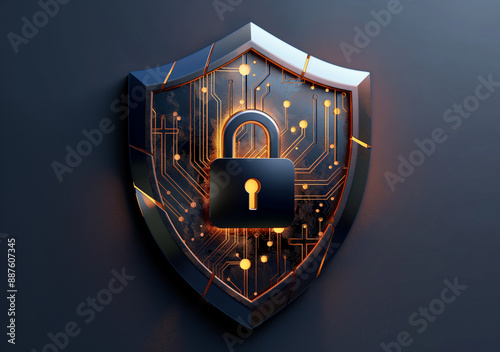 Wallpaper Mural 3D illustration of an internet security badge. The badge is a sleek, metallic look with a shield shape, padlock and a digital circuit board pattern to symbolize cybersecurity.  Torontodigital.ca