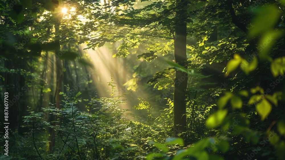 Obraz premium Sunlight streaming through lush green forest, creating a serene and peaceful atmosphere in the wilderness.