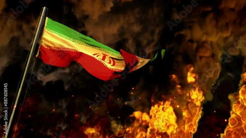 waving Iran flag on burning fire bg - catastrophe concept
