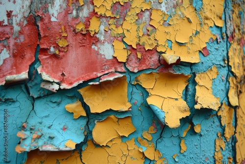 Colorful peeling paint wall, old paint peeling from wall texture, A weathered wall with peeling paint, revealing layers of history and character, AI generated