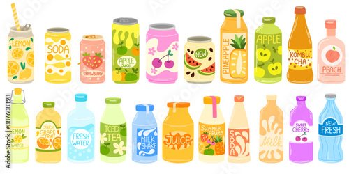 Cold drinks set. Soda water, sweet fizzy beverages, fruit cocktails, juices, lemonades in glass and plastic bottles, aluminum cans and tins. Flat vector illustrations isolated on white background