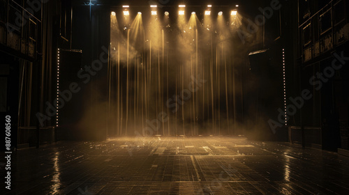 A darkened theater stage with a heavy curtain drawn across, illuminated by dramatic stage lighting.