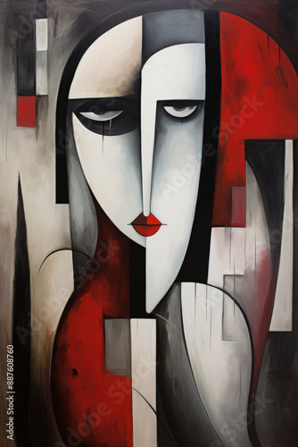 Abstract cubist or cubism style painting with a portrait and geometric shapes in red and white tones