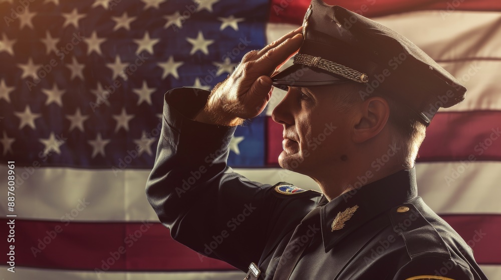 Fototapeta premium Uniformed Officer Saluting American Flag