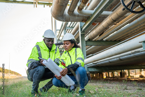Wallpaper Mural Young mechanical engineer holding blueprint drawing to checking and inspection gas pipeline system new construction project of industrial. Torontodigital.ca