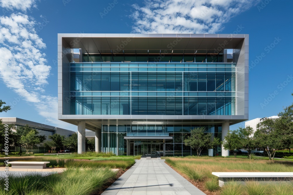 A sleek, modern headquarters building for a global tech company A sleek, modern headquarters building for a global tech company