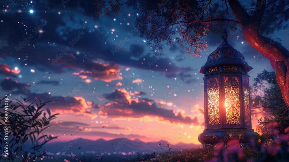 Magical twilight with illuminated lantern, starry sky, and glowing clouds over a serene mountainous landscape. Magical twilight with illuminated lantern, starry sky, and glowing clouds over a serene mountainous landscape.