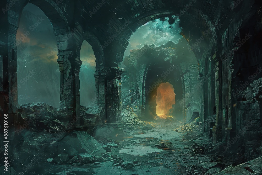 Fototapeta premium Ancient temple ruins with glowing portal in dark fantasy setting