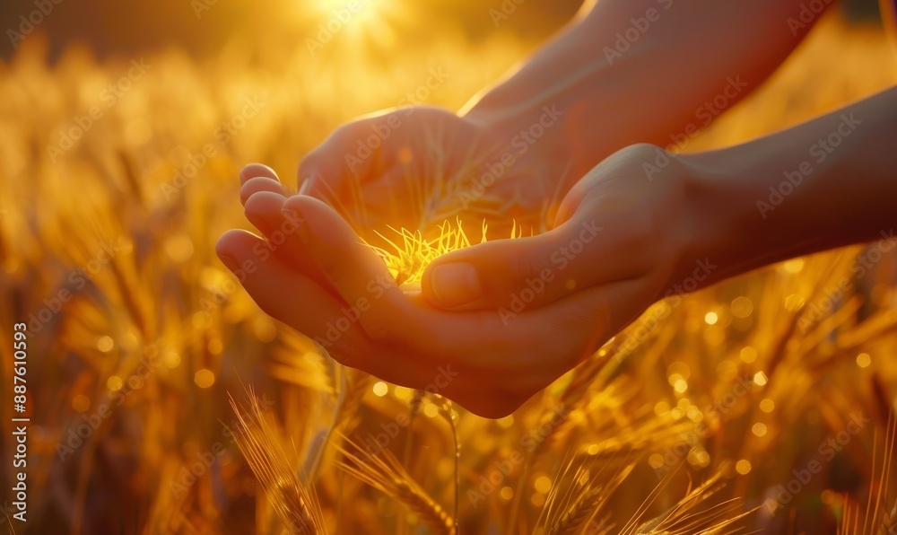 Close-up of hands gently holding wheat in a sunlit golden field at sunset Close-up of hands gently holding wheat in a sunlit golden field at sunset