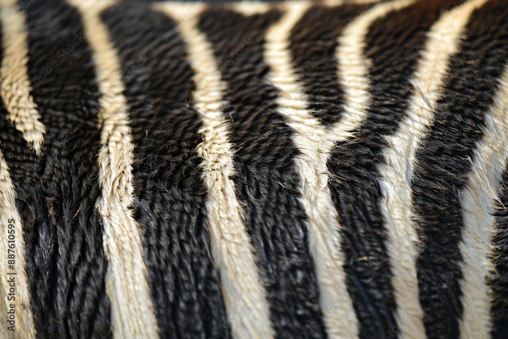 A close up of the back skin texture of a zebra, focusing on its distinctive striped pattern. The background is plain white to highlight the unique striped design of the zebra's fur. A close up of the back skin texture of a zebra, focusing on its distinctive striped pattern. The background is plain white to highlight the unique striped design of the zebra's fur.
