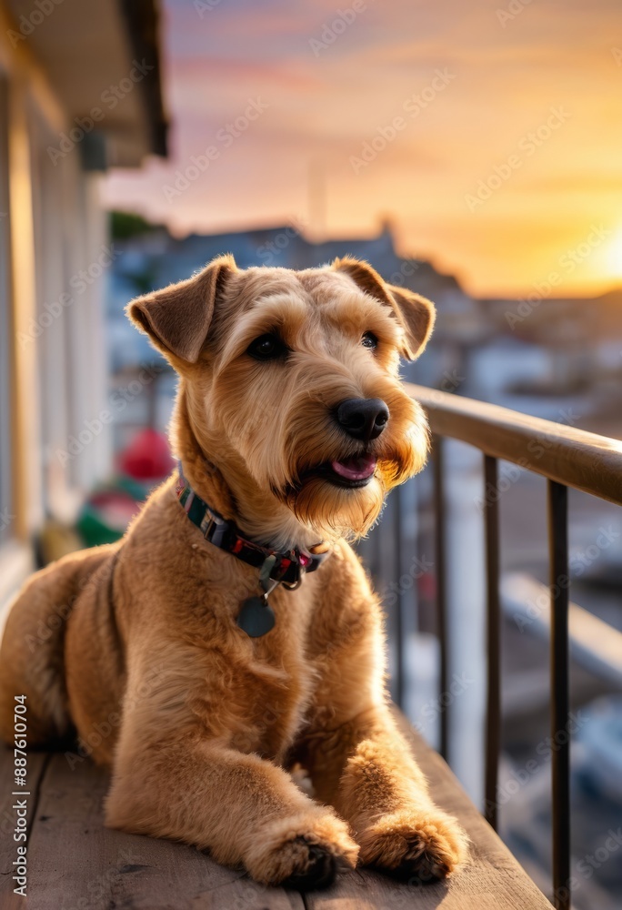 Lakeland Terrier lounging on a sun-drenched balcony overlooking a picturesque seaside town with colorful fishing boats charming houses and a vibrant sunset sky