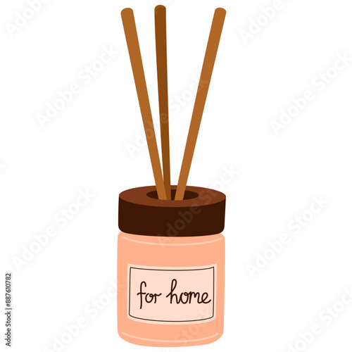 Aroma diffuser bottle with bamboo sticks. Aromatherapy, fresh scents, home perfume, oil fragrance, natural odors, aromatic fragrant liquids set. Flat vector illustration isolated on white background