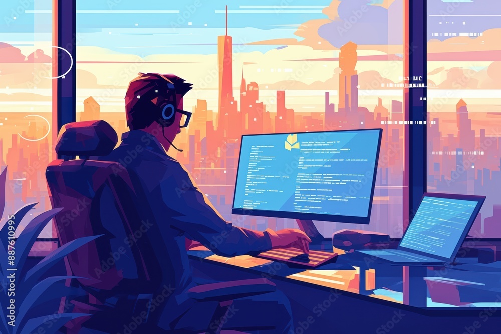 A software engineer working at a computer in a modern office, lines of code on the screen, with a panoramic city view through the window