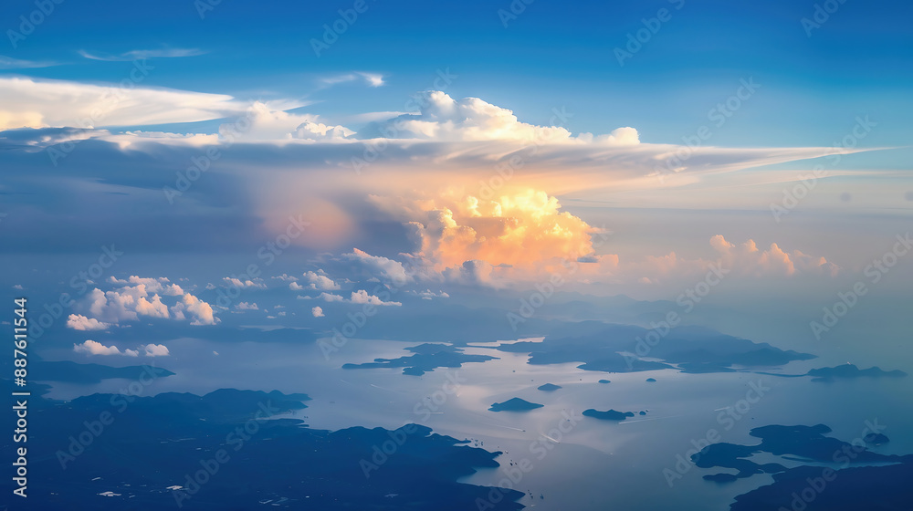 Fototapeta premium Flying over the evening timelapse clouds with the late sun. Flight through moving cloudscape with beautiful sun rays. Traveling by air.