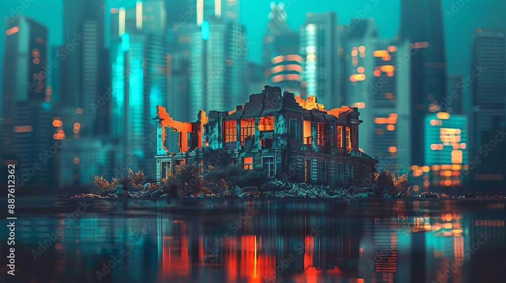 Fototapeta premium A crumbling old building surrounded by new skyscrapers, representing stability and change, urban decay, contrast