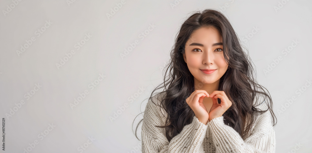 A beautiful Asian woman with long, flowing black hair, wearing a classic white sweater, forms a heart shape with her hands against a light grey studio backdrop. A beautiful Asian woman with long, flowing black hair, wearing a classic white sweater, forms a heart shape with her hands against a light grey studio backdrop.