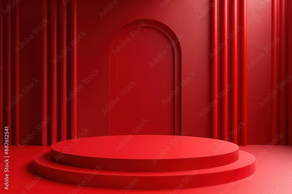 A minimalist red podium with archway in a red room. Perfect for product display or design presentations. A minimalist red podium with archway in a red room. Perfect for product display or design presentations.