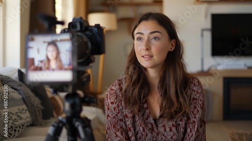 Young woman giving a video testimonial with camera in home setting photo