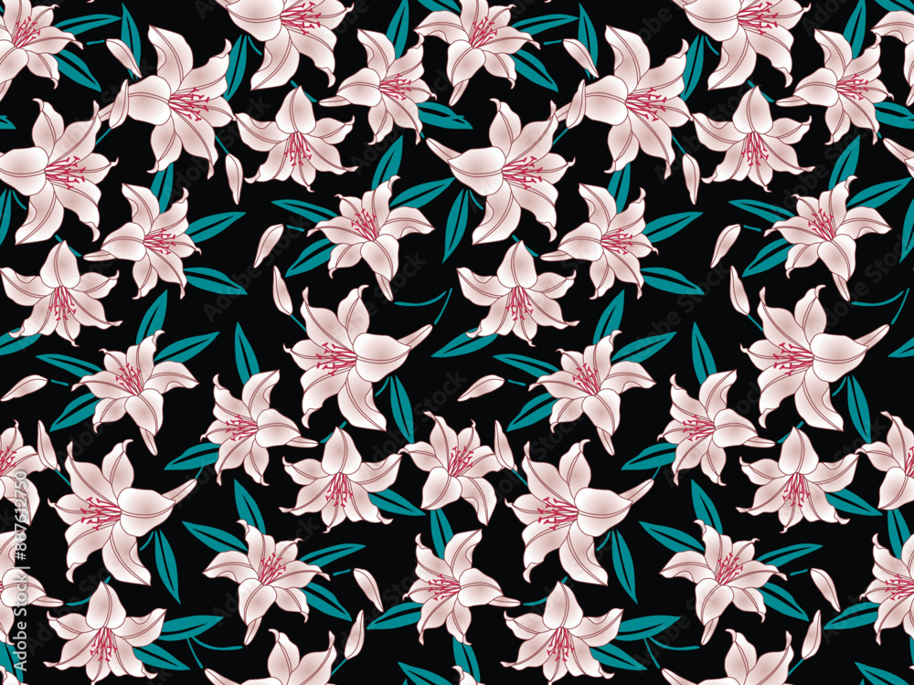Obraz premium Japanese Lily Flower Leaf Vector Seamless Pattern